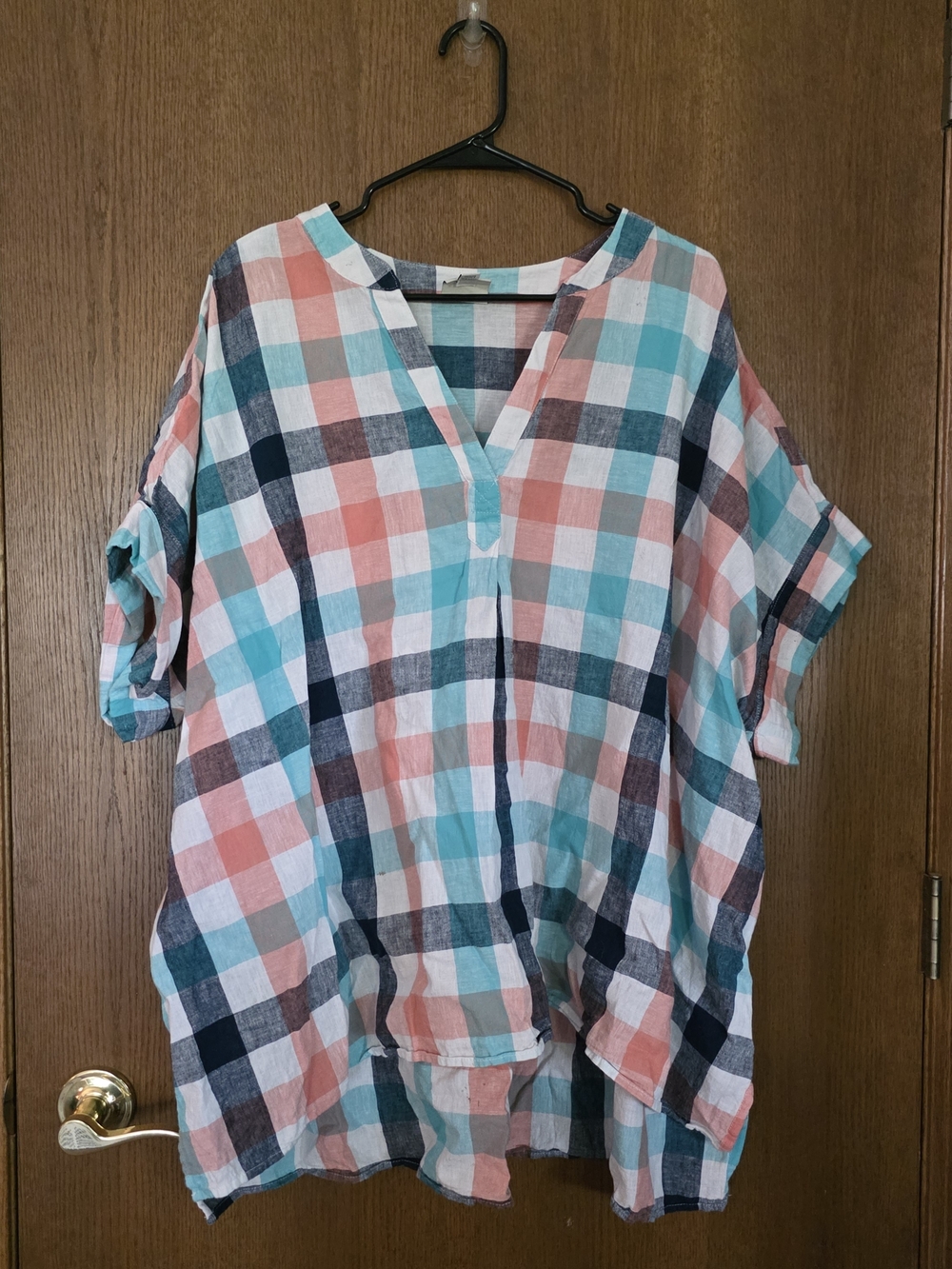 St. John's Bay Coral, Teal & Navy Plaid V-Neck Tunic